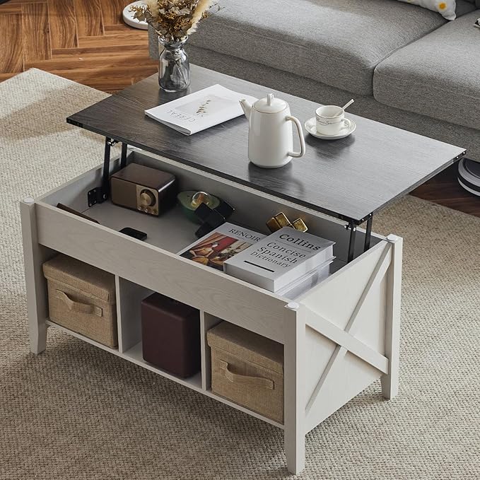 VINGLI Farmhouse Lift Top Coffee Table, Rustic Grey with Storage Shelf/Hidden Compartment, Mesa De Centro para Sala, Rustic Brown (White Charcoal, 40" L)