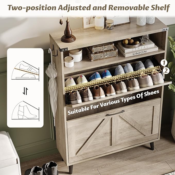 Halitaa Shoe Cabinet with 2 Flip Drawers & Open Storage,Farmhouse Shoe Storage Cabinet for Entryway,Freestanding Narrow Organizer Rack with Legs,Foyer,Hallway,Grey