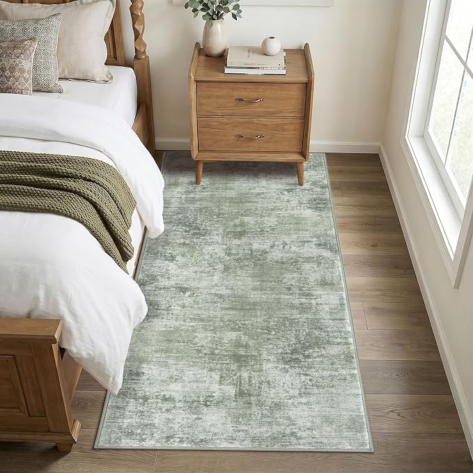 IOHOUZE Abstract Runner Rug 3x7 Ft Washable Runners for Hallways, Non Slip Kitchen Runner Printed Faux Wool Entryway Runner Indoor, Modern Abstract Floor Carpet for Hall Kitchen Bedroom, Sage Green