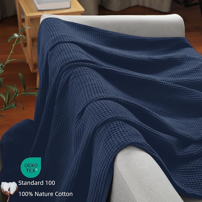 100% Cotton Waffle Blanket (Navy Blue - Twin Size - 66 * 90''), Pre-Washed and Anti-Shrinkage Soft Lightweight Bed & Couch Blanket, 380 GSM Waffle Weave Throw Blanket for All Seasons