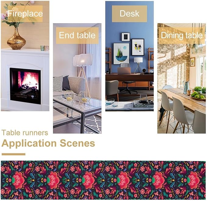 YCness Mexican Fiesta Table Runner Colorful Floral Plants Traditional Pattern Traditional National Ornament Table Runner for Party Living Room Home Bedroom Kitchen, 13x120 Inch