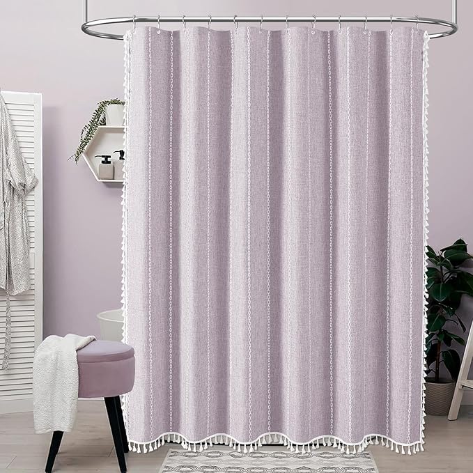 BTTN Stall Fabric Shower Curtain - 54x78 Boho Striped Linen Heavy Duty Tassel Shower Curtain Set with 10 Hooks, Narrow Rustic Modern Farmhouse Bohemian Cloth Shower Curtains for Bathroom - Lavender