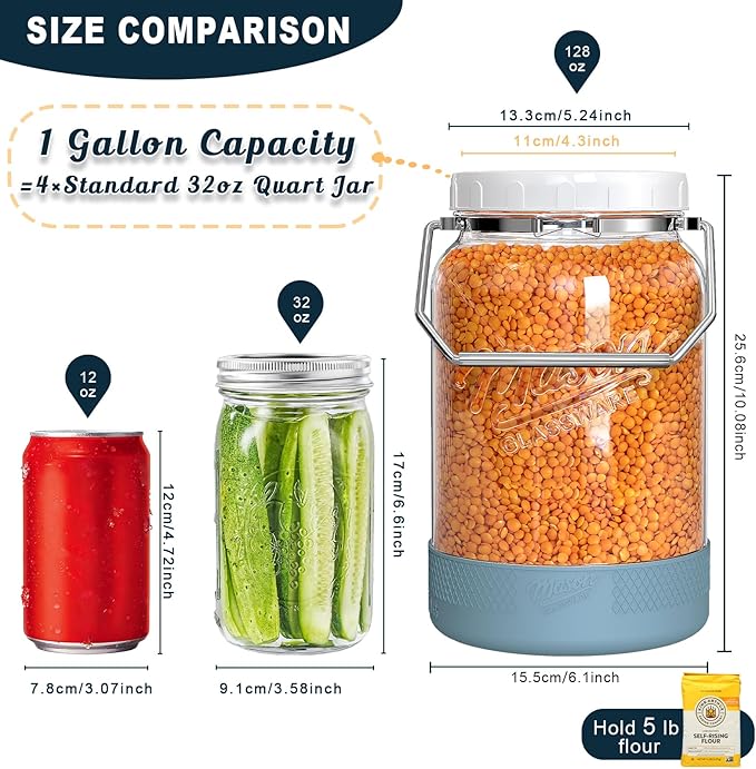 1 Gallon Glass Jar With Lid – 2 Pack Large Wide Mouth Mason Jars with BPA-free Airtight Lid, Sun Tea Jar - Fermenting & Pickling, Food Storage Canisters with Handle & Non-slip Base for Flour