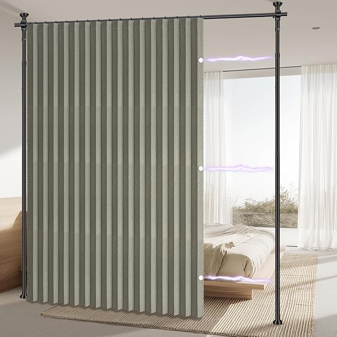 AJAZZ Privacy Curtains for Room Divider with Blackout & Soundproof (Grey, W100 x L96 in, 1 Panel)+ No Drill Curtain Rods(H) 43-120×(W) 35-100 in, Wall Divider for Bedroom/Studio/Office Curtain