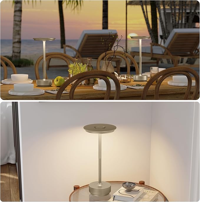 TBBGA 1 Pack Rechargeable Table Lamps Cordless, Portable 5000mAh Outdoor Table Light, 3 Color Stepless Dimming LED Table Lamp with Memory Function, for Home/Dinner/Patio/Restaurant.(Champagne Gold)