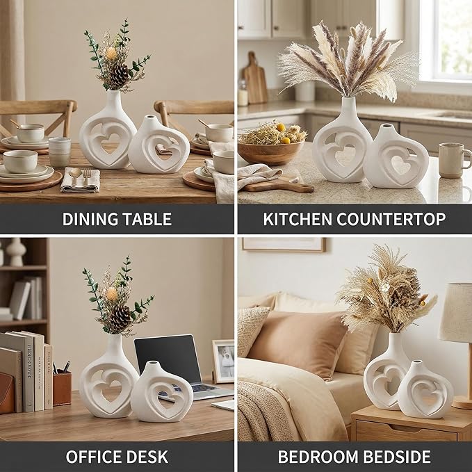 Cream White Ceramic Heart Shaped Vases Set of 2 for Decor, Nordic Flower Vase for Home, Table Centerpiece, Wedding, Living Room, Bookshelf, Office, Entryway (H 8.5in)