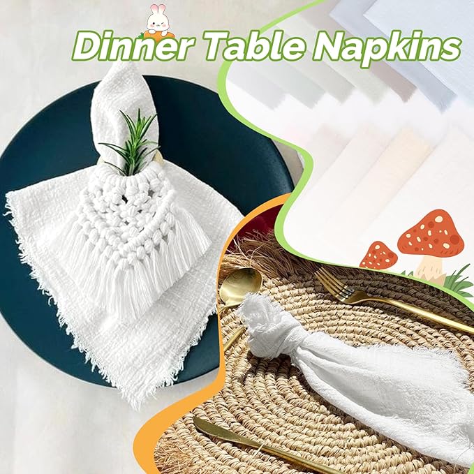 Showgeous 60 Pack White Cloth Napkins with Fringe 16x16 inch 100% Cotton White Napkins Handmade Dinner Napkins Bulk Washable Soft Rustic Table Napkins for Wedding Parties Bridal Baby Shower