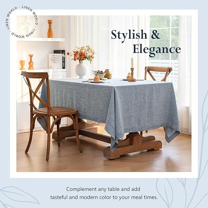 Linen World Yarn-Dyed Linen Tablecloth 60x108inch, Denim Look Table Cover, 100% French Linen Chambray Blue, Soft & Breathable Natural Flax, Washed Table Cloth for Dining & Everyday Use