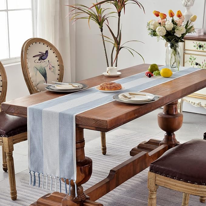 Wracra Linen Table Runner, Farmhouse Macrame Table Runners 90 Inches Long for Dining Table Decor, Wedding, Party and Dresser Decor (Blue,90")
