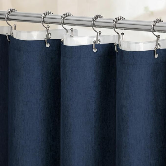 BTTN 3 in 1 Shower Curtain with Liner - 84 Inch Extra Long Linen Textured Fabric Shower Curtain Set with Plastic Hook, Tall Modern Heavy Duty Waterproof Shower Curtain for Bathroom, Navy Blue, 72x84