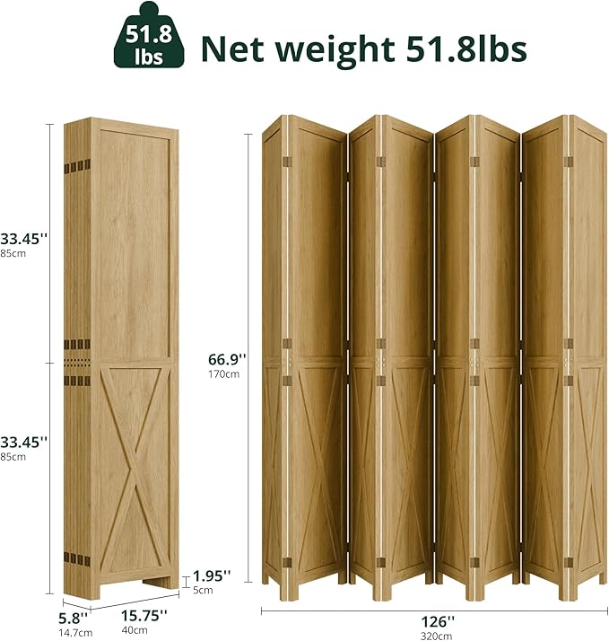 Cozy Castle 8 Panel Folding Room Divider, Solid Wood Privacy Screen, Freestanding Partition Wall, Temporary Wall for Home/Office/Bedroom/Restaurant, Natural