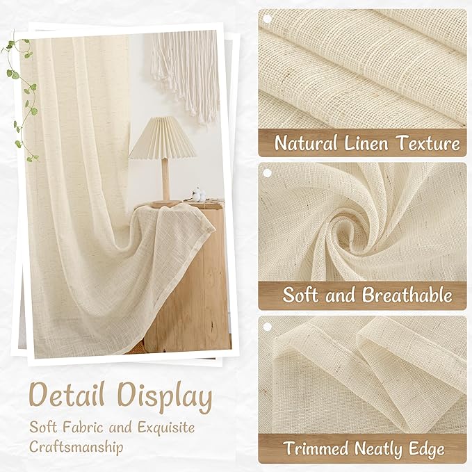 LAMIT Semi Sheer Linen Curtains for Living Room, 72 Inch Length Light Filtering Faux Linen Panels Back Tab and Rod Pocket Neutral Drapes for Bedroom/Windows, Linen, 2 Panels, 34 x 72 Inch