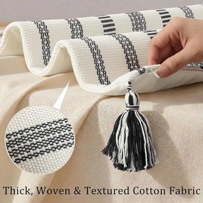 Smile Bee Boho Outdoor Couch Throw Pillow Covers Set of 2, Decorative Lumbar Thick Woven Striped Accent Neutral Pillow Covers with Tassels for Bed Sofa Home Decor, 12x20 Inch, Black and Cream White