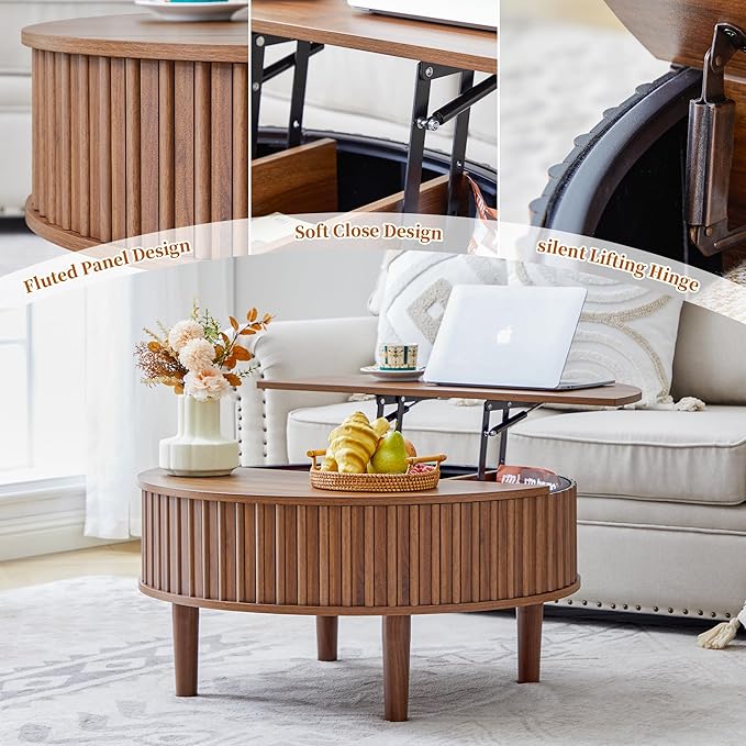 Janmer Home Round Lift Top Coffee Table with Storage, Fluted Mid Century Modern Coffee Tables, Small Space,31.5" Wooden Center Table for Living Room, Apartment, Office (Walnut)