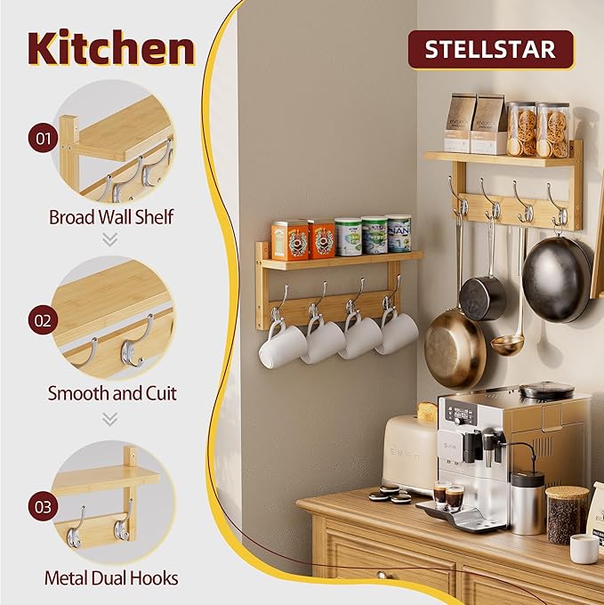 STELLSTAR Coat Rack with Shelf, 2 Pack Bamboo Wall-Mounted Coat Hanger with 8 Hooks for Entryway, Hallway, Kitchen, Bathroom, Living Room, Utility Room (Natural)