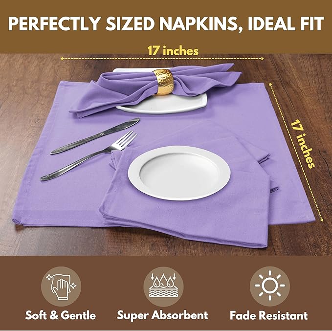 Native Fab Cotton Table Napkins, 12 Pack, 17x17 Inches, Hotel Quality, Durable, Washable Fabric, Ideal for Easter Sunday, Holiday Dinner, Cocktail Parties, Catering, Family Gatherings, Lavender