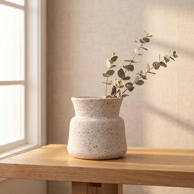 Rustic Farmhouse Ceramic Vase Home Decor, Handmade Vintage Stoneware Clay Pottery Terracotta Textured for Modern Farmhouse, Living Room, Office Desk Table Shelf (White Ore Point)