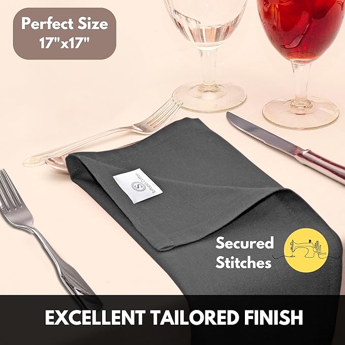 Cloth Napkin 100% Cotton 17"x17" Decorative Washable Table Napkins Set of 12 for Dining, Holidays, Buffet Parties & Wedding Use - Gray