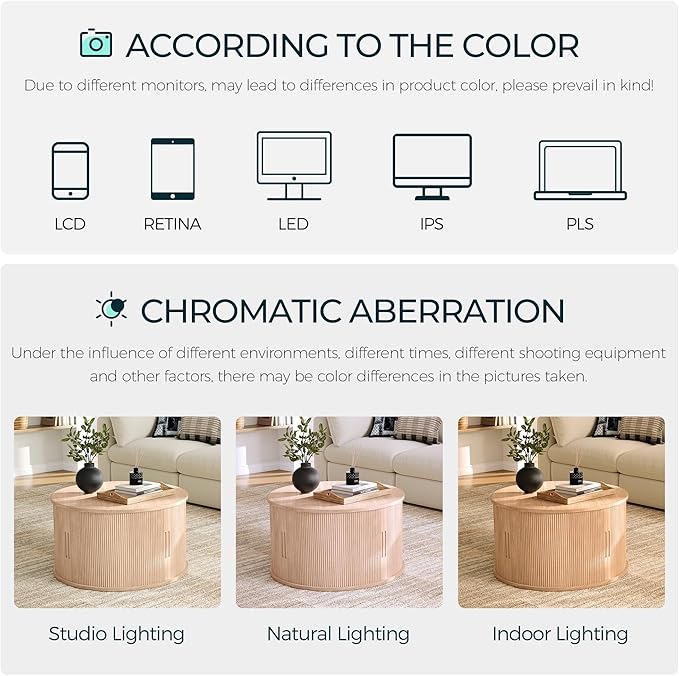 LINSY HOME Round Coffee Table, 31.5" Drum Coffee Table with Sliding Tambour Door, Fluted Accent Center Table with Storage, Mid Century Modern Coffee Table for Living Room, Oak