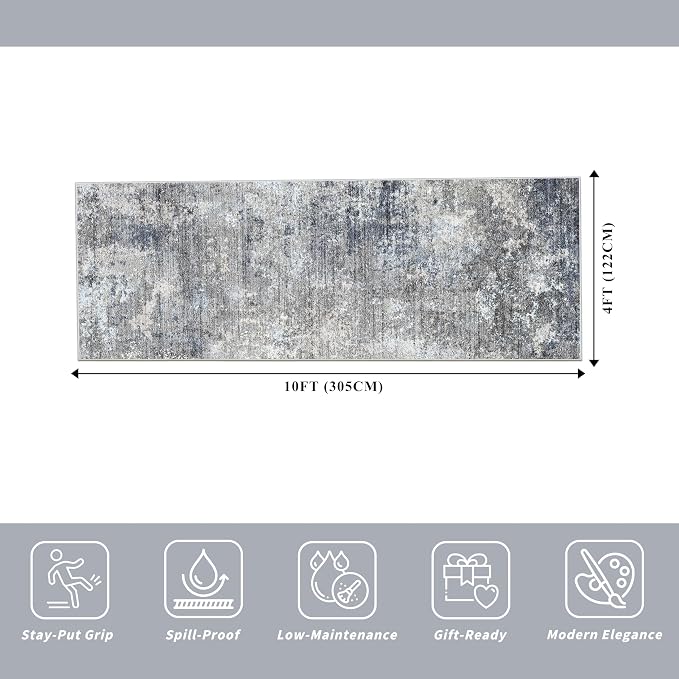 4x10 Wide Runner Rug for Hallway, Washable Non Slip Long Kitchen Rug, Soft Low Pile Carpet for Entryway Bedroom, Modern Abstract Area Rug (Blue Grey,4x10)