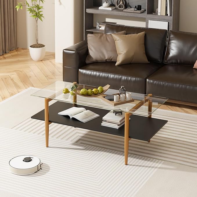 Furnify Glass Coffee Table, Rectangle Living Room Center Table with Golden Legs, Mid-Century Modern Accent Tables with Open Shelf for Living Room, Office, Black