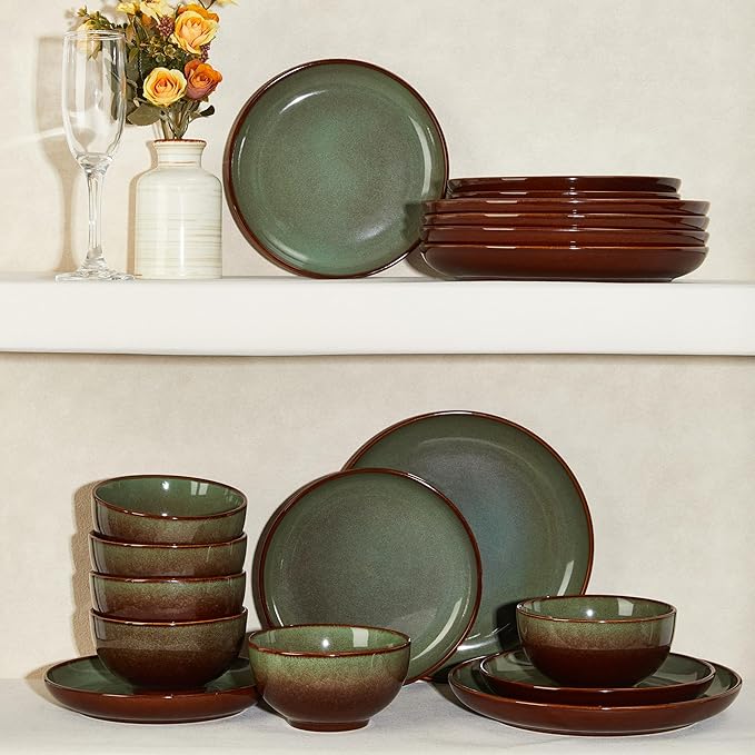 Pokini Stoneware Dinnerware Sets Service for 12, 36 pcs Reactive Glaze Plates and Bowls Sets, Handmade Ceramic Dish Set, Highly Chip and Crack Resistant Modern Plate Set, Brown Green