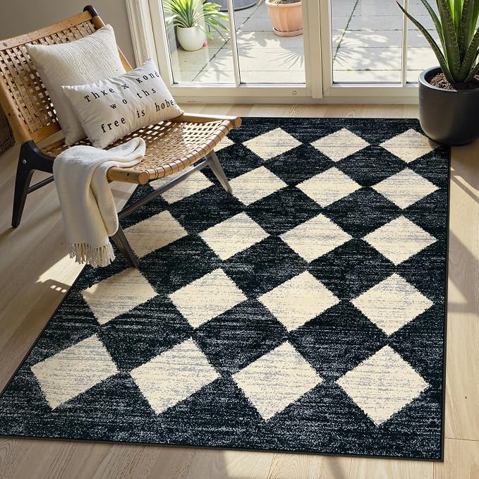 Lahome Zelie Machine Washable Area Rugs for Bedroom Aesthetic, 4x6 Soft Living Room Area Rug Non Slip Entryway Rugs, Moroccan Trellis Printed Black and White Indoor Kitchen Carpet for Bedside Office