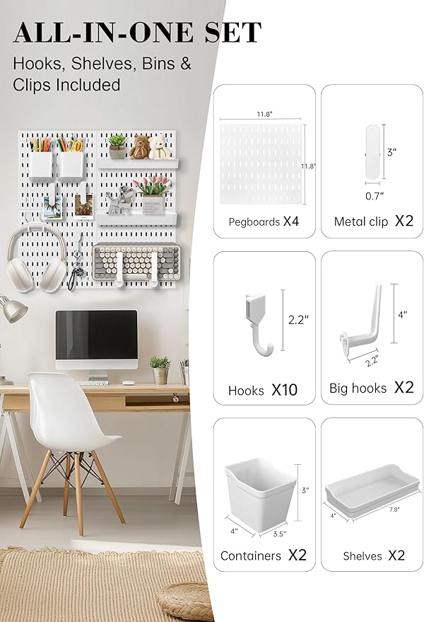 Pegboard Wall Organizer Set – 4 Peg Boards with Hooks & Shelves – Office, Kitchen, Gaming Room Desk Pegboard Storage – Peg Board Wall Display Rack (White)
