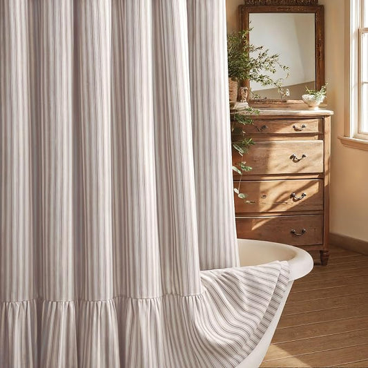 Farmhouse Shower Curtain with Ruffle Hem Linen Shower Curtains for Bathroom Country Vintage Rustic Natural Fabric, White-Brown Stripe 72" W x 72" L