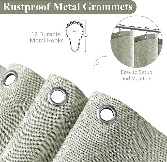 Naturoom Mist Sage Linen Shower Curtain, Country Boho Farmhouse Bath Decor Shower Curtains Neutral Cloth Weighted Textured Fabric Bath Curtain Liner with Hooks, 72x84
