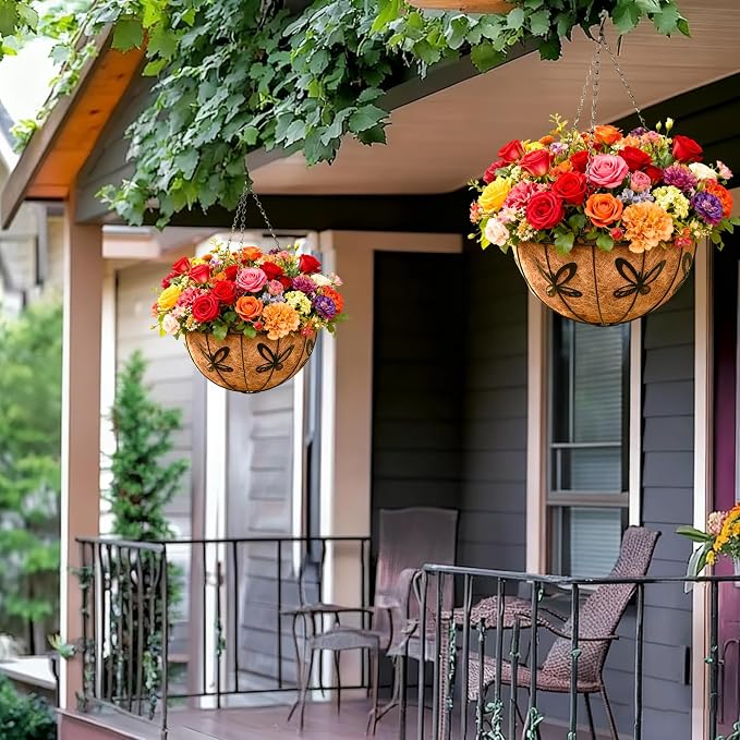 4 Pack 12 Inch Metal Outdoor Hanging Baskets Black Heavy Duty Hanging Planters with Coco Liners for Indoor Outdoor Plants Gardens Patios Terraces（Butterfly）