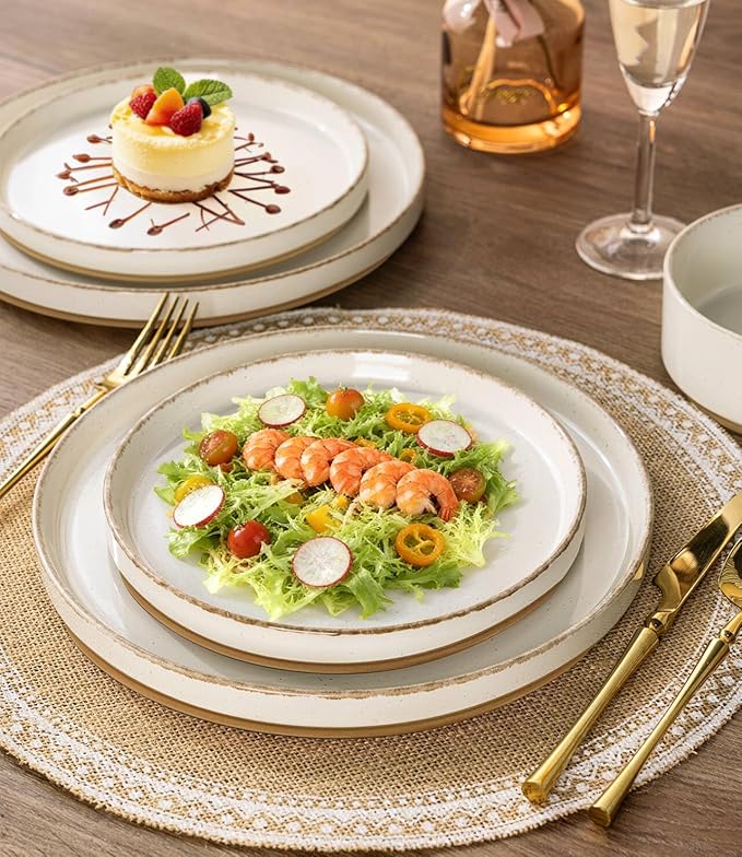 AmorArc Ceramic Dinnerware Sets for 8, 24 Pieces Handpainted Plates and Bowls Set with Rustic Terracotta Underside, Scratch Resistant Stoneware Dishes Set, Dishwasher & Microwave Safe