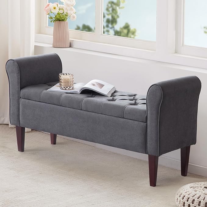 HUIMO 50.4" Arm Storage Bench with 7.5-inch Solid Wood Legs, Button-Tufted Storage Ottoman, Upholstered Window Sitting Bench for Bedroom,End of Bed Bench Indoor, Living Room, Entryway (Grey)