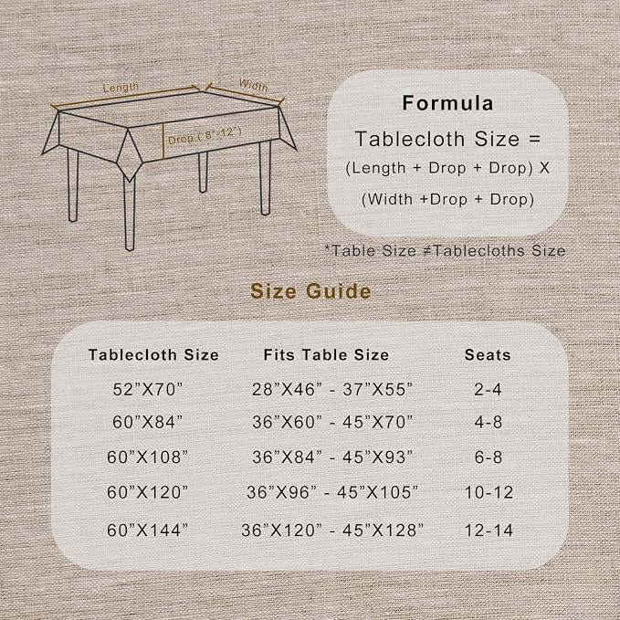 TOSMO 100% French Linen Tablecloth, Washable Farmhouse Rectangle Table Cloth for Kitchen, Dining, Party, Cocktail, Indoor and Outdoor Daily Use(60''x144'',Natural Linen)