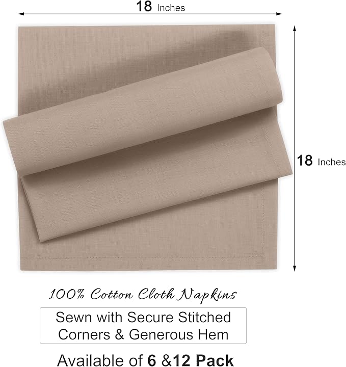 Ruvanti Cloth Napkins Set of 12, 100% Cotton High GSM 18x18 Inches Soft, Washable, Highly Durable & Absorbent, Perfect for Parties, Christmas, Thanksgiving Dinners – Light Taupe