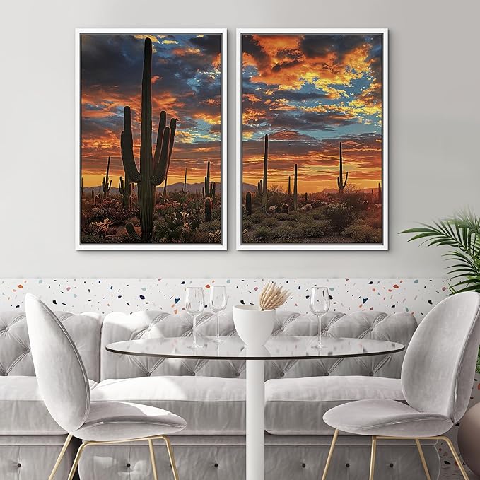 SIGNWIN Framed Wall Art Print Set Desert Sunset Cactus Landscape Photography Modern Art Rustic Relax/Calm Multicolor for Living Room, Bedroom, Office - 16"x24"x2 WHITE