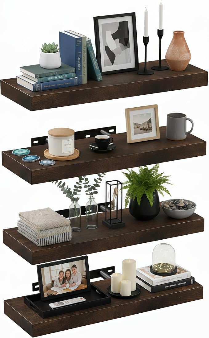 Lufia Floating Wall Shelves, Set of 4, MDF with Invisible Brackets, Modern Storage for Bedroom, Bathroom, Living Room, Kitchen (Rustic Brown, 15.8" W x 5.5" D x 1.2" H (4 Pieces))