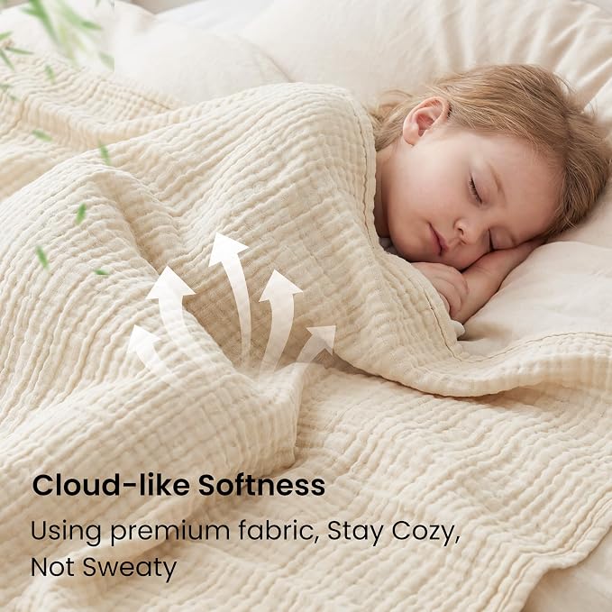 Love's cabin Cooling Muslin Blanket Queen Size, 50% Rayon Derived from Bamboo, 50% Cotton, 4-Layer Lightweight Breathable Summer Gauze Blanket for Bed, Soft for Hot Sleepers and Kids, 90"x90", Beige