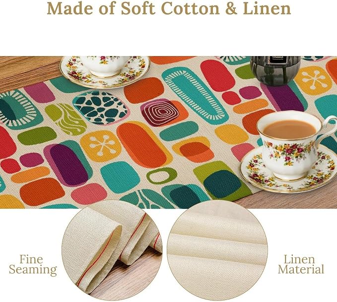 Mid Century Geometry Table Runner Colorful Rectangle Bohemia Abstract Geometry Pattern for Home Kitchen Table Decor Dining Coffee Room Party Decor 13x36in