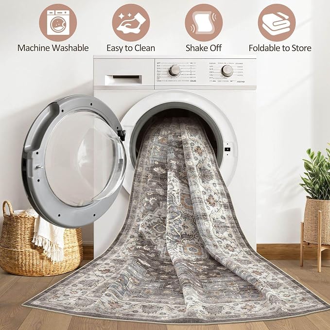 7x10 Area Rug Living Room: Washable Boho Large Neutral Vintage Soft Rug Stain Resistant Farmhouse Non-Slip Indoor Floor Carpet for Bedroom Nursery Kids Office Dining Room Playroom- Grey Brown