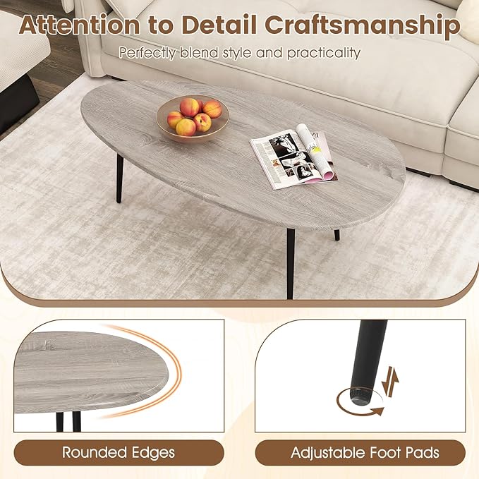 Giantex Oval Coffee Table, Mid Century Modern Center Table with Sturdy Metal Frame and Compact Design, Vintage Accent Cocktail Tea Table, Wood Living Room Tables for Small Spaces (Grey Oak)