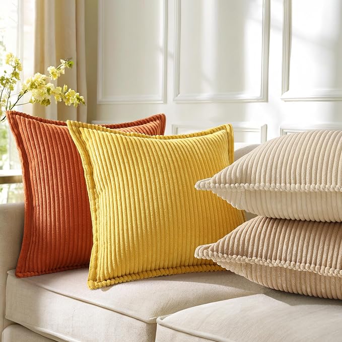 decorUhome Summer Corduroy Light Brown Euro Sham Throw Pillow Covers 26x26 Set of 2 Decorative Soft Boho Farmhouse Couch Pillow Covers for Living Room Bed Sofa Broadside Striped Pillow Cases