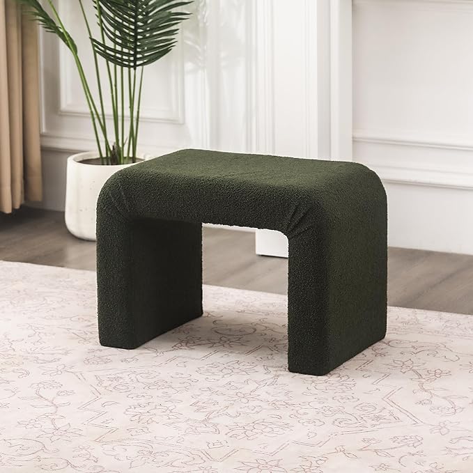 Modern Boucle Ottoman Footstool, 24" Arched Upholstered Vanity Stools, Small Foot Rest for Entryway, Living Room, Bedroom (Fully Assembled),Dark Green