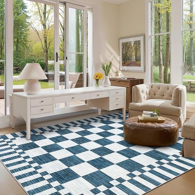 GarveeHome Blue and White Checkered Rug 6×9 Area Rugs for Living Room,Non-Slip Washable Rug Soft Low-Pile, Modern Farmhouse Geometric Rugs for Bedroom Dining Room