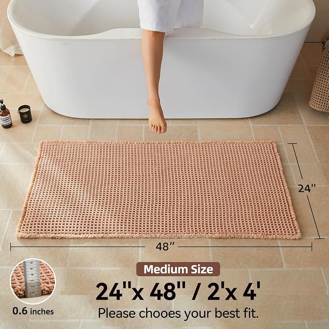 Triohero Waffle Bath Mat, Boho Bathroom Rugs Non Slip Washable, Ultra Soft Super Absorbent Quick Dry Farmhouse Bathroom Decor, 24" x 48", Light Peachy