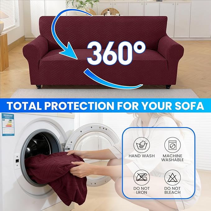 Stretch Sofa Slipcover 3 Cushion Couch X-Large Sofa Cover,91"-110" Non Slip Soft Couch Sofa Cover Washable Furniture Protector with Non Skid Foam and Elastic Bottom for Kids, Pets,Wine Red