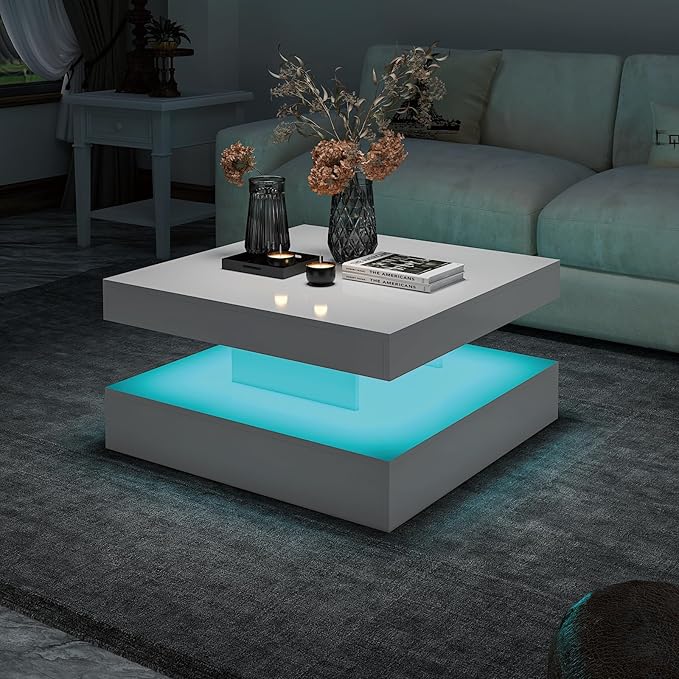 HedoAjim White LED Coffee Table for Living Room, 2-Tier Square Center Table Living Room Table, Modern High Glossy Contemporary Wood Coffee Tables with Storage, Suitable for Dining Reception