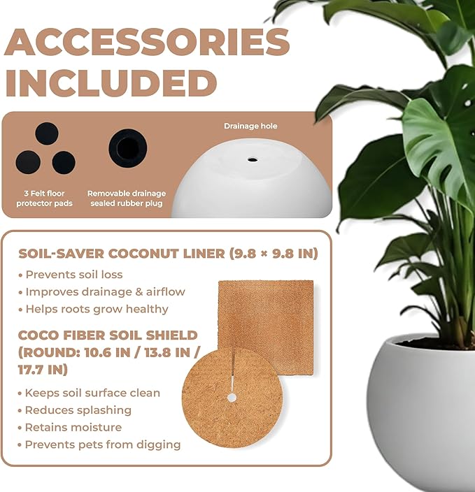 Marlo Fiberstone Round Planter (11.6" Pot Opening x 16.9"D x 13.4"H) Smooth Finishes, Lightweight, Durable, UV Resistant, Modern Minimalist Home Decor, Indoor Outdoor Plant Pot (M, White)