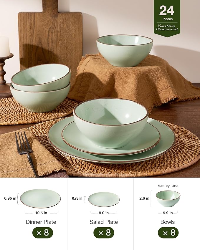 Famiware Venus Plates and Bowls Sets, 24 Pieces Stoneware Speckled Dishes Dinnerware Set for 8, Light Green - Microwave & Dishwasher Safe, Modern Minimalist, for Everyday Meals & Formal Dining