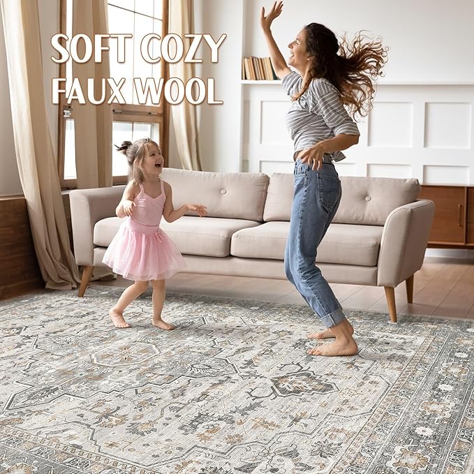 5x8 Area Rugs Living Room: Washable Boho Large Neutral Vintage Soft Rug Stain Resistant Distressed Farmhouse Non-Slip Indoor Floor Carpet for Bedroom Nursery Kids Office Dining Room- Taupe